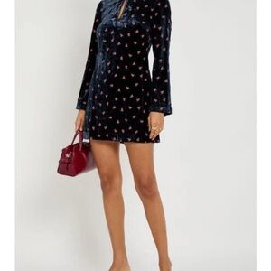 RIXO Navy Velvet Dress with Pink Floral Pattern